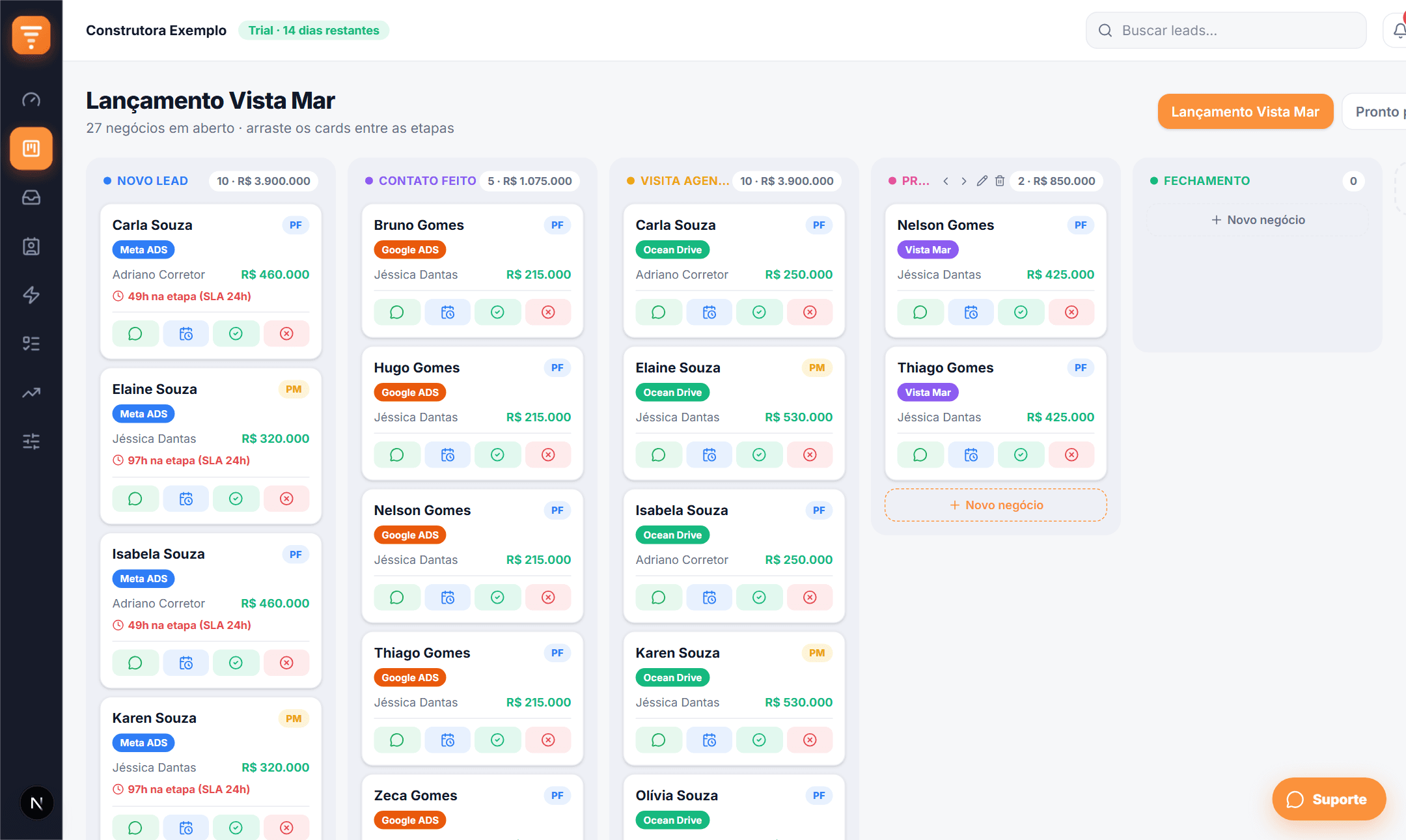 Funil Kanban do LeadFlow CRM